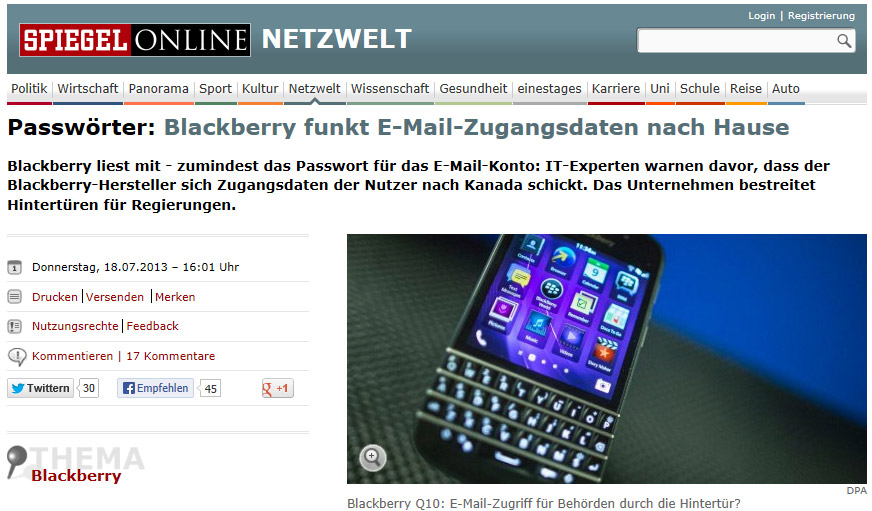 Ist Blackberry doch nicht so sicher vor Datenschnüfflern?