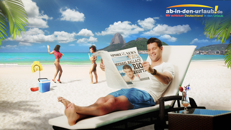Pressebild ab-in-den-urlaub, Michael Ballack liest Zeitung am Strand von Rio