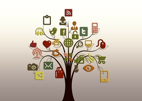 Visualisierung Social Listening: Baum mit Symbolen für Blogs, Twitter, Smartphones, etc.