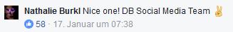 Screenshot Facebook-Kommentar: "Nice one! DB Social Media Team"