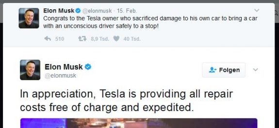 Gut für Teslas Reputation: Screenshot Twitter Musk's Tweet zu Retter mit Tesla auf A9