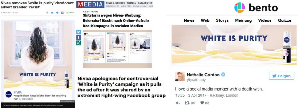 Nicht gut für die Reputation: Screenshots Medienresonanz Nivea „White is Purity“-Werbung