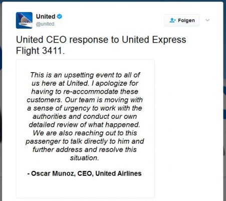 Screenshot Tweet United Airlines CEO Oscar Munz Flight 3411 Non-Apology-Apology "“This is an upsetting event to all of us here at United. I apologise for having to reaccommodate these customers. [...]"
