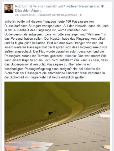 Screenshot Facebook Air Berlin Loch im Flugzeug Post