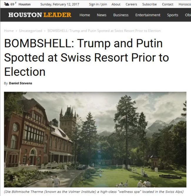 Screenshot des "Houston Leaders" mit Fake News zu Trump und Putin in einem "Swiss resort" als Marketing für den Film "A Cure for Wellness"
