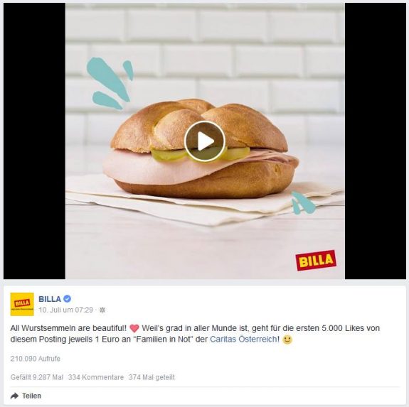 Screenshot Facebook Billa-Video-Post All Wurstsemmeln are beautiful