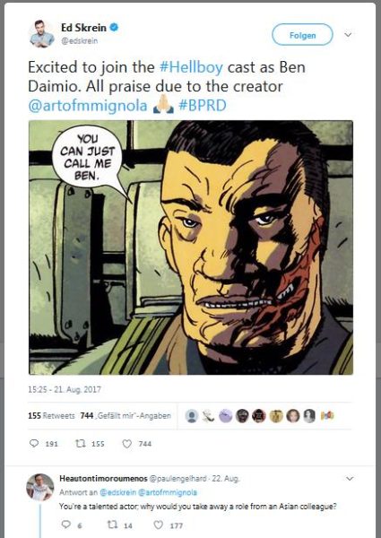 Screenshot Twitter Ed Skrein announces Hellboy-Role Ben Daimio