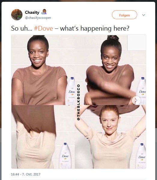 Screenshot Twitter Dove Werbung schwarz zu weiß